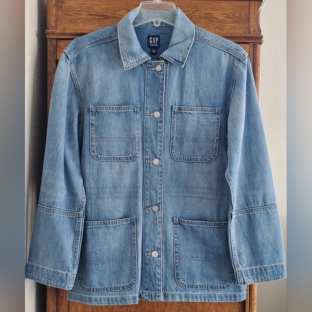 GAP DENIM BELTED DENIM LIGHT INDIGO CHORE COAT JACKET MEDIUM EXCELLENT